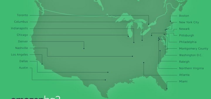 Amazon HQ2, Atlanta Georgia, Austin Texas, Boston Massachusetts, Chicago Illinois, Columbus Ohio, Dallas Texas, Denver Colorado, Indianapolis Indiana, Los Angeles California, Miami Florida, Montgomery County Maryland, Nashville Tennessee, Newark New Jersey, New York City New York, Northern Virginia, Philadelphia Pennsylvania, Pittsburgh Pennsylvania, Raleigh North Carolina, Toronto Ontario Canada, Washington DC