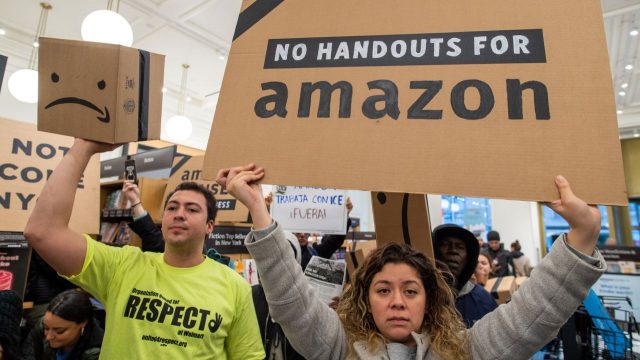 Image result for Amazon HQ2 protesters swarm Herald Square bookstore
