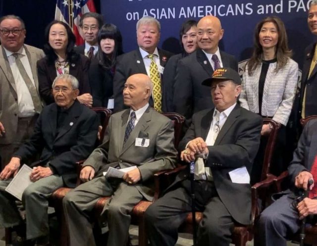 PHOTO: James Eng, Harry Jung and Henry Lee, front row, pose for photos with members of the Chinese American Citizens Alliance after being awarded with the Congressional Gold Medal in Washington, Jan. 29, 2019.