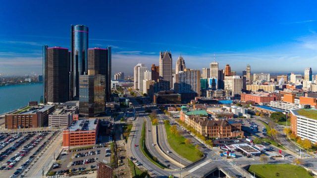 Detroit Downtown Skyline with Highway and River