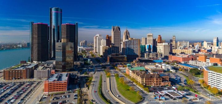Detroit Downtown Skyline with Highway and River