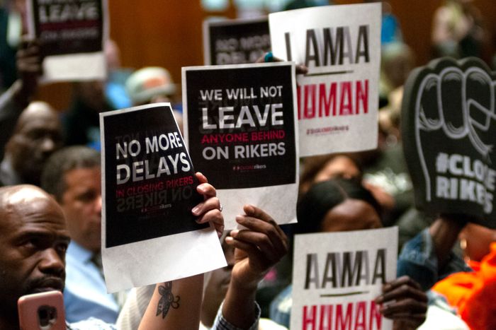 Criminal justice reform advocates demand the closing of all jails on Rikers Island during a community board meeting in The Bronx, May 23, 2019.