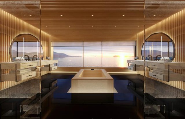 Here\\\\'s a rendering of the owners BATHROOM aboard the 376-foot long sustainalbe superyacht from Sinot Yacht Architecture and Design.