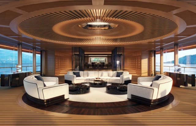 The beach deck lounge aboard the 376-foot-long sustainable suoeryacht from Sinot Yacht Architecture & Design.