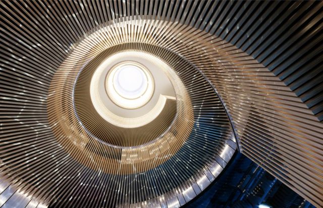 The staircase aboard hydrogen-powered Aqua designed by Sinot Yacht Design & Architecture 