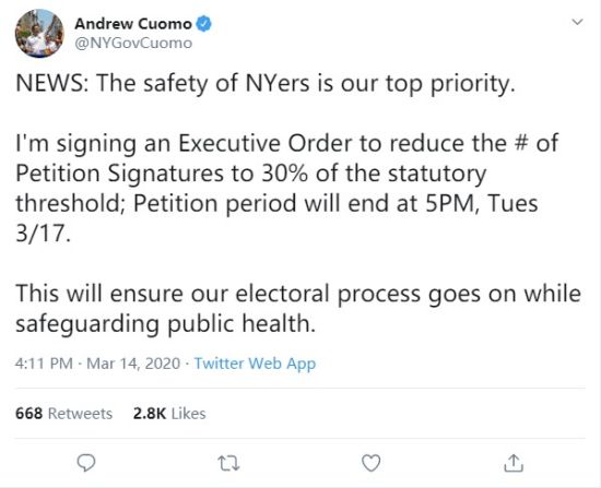 图为州长葛谟在推特上发文表示,将签署一项行政令,将候选人获得选票所需的选民签署提名的数量减少到“法定门槛的30%”。(取自葛谟推特)