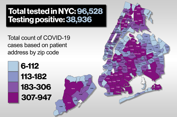 NYC map shows total cases testing positive for coronavirus by ZIP code